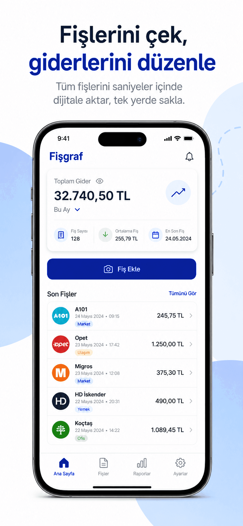 Fişgraf mobil uygulamasının ana ekranı — toplam gider, fiş sayısı ve son fişler
