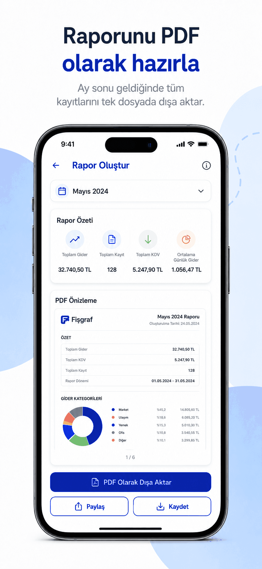 Fişgraf mobil uygulamada aylık gider raporunun PDF olarak hazırlanması ve önizlemesi
