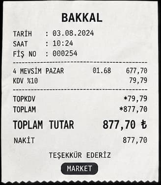 Bakkal fişi: 4 Mevsim Pazar, KDV %10 79,79 TL, toplam 877,70 TL, Market kategorisi