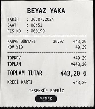 Beyaz yaka fişi: Kahve Dünyası, KDV %10 40,29 TL, toplam 443,20 TL, Yemek kategorisi