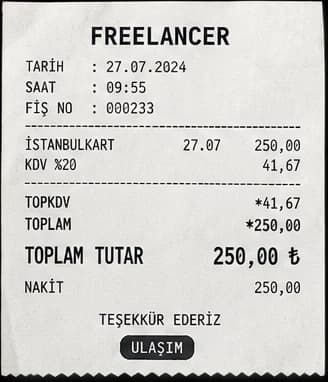 Freelancer fişi: İstanbulkart, KDV %20 41,67 TL, toplam 250,00 TL, Ulaşım kategorisi