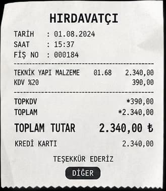 Hırdavatçı fişi: Teknik Yapı Malzeme, KDV %20 390,00 TL, toplam 2.340,00 TL, Diğer kategorisi