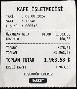 Kafe işletmecisi fişi: Özkanlar Gıda, KDV %10 178,51 TL, toplam 1.963,58 TL, Market kategorisi