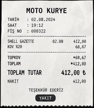 Moto kurye fişi: Shell, KDV %20 68,67 TL, toplam 412,00 TL, Yakıt kategorisi