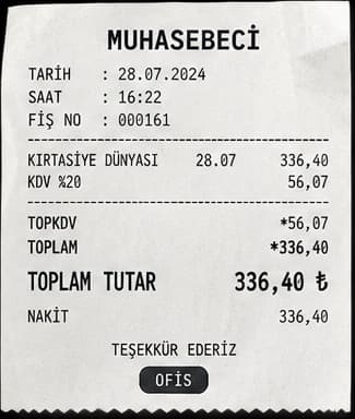 Muhasebeci fişi: Kırtasiye Dünyası, KDV %20 56,07 TL, toplam 336,40 TL, Ofis kategorisi