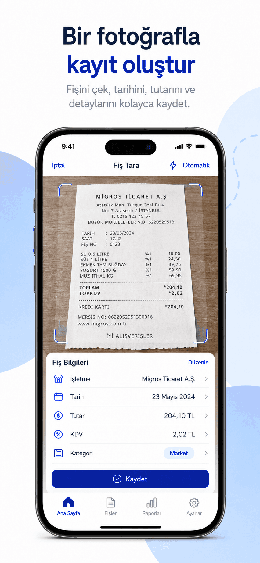 Fişgraf iOS uygulamasında fiş tarama ekranı: kamera ile çekilen fişin bilgilerinin otomatik okunması